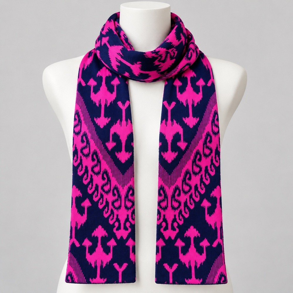 Pink Navy Ikat Geometric Knit Scarf Boho Maximalist Eclectic Statement 70x12.5